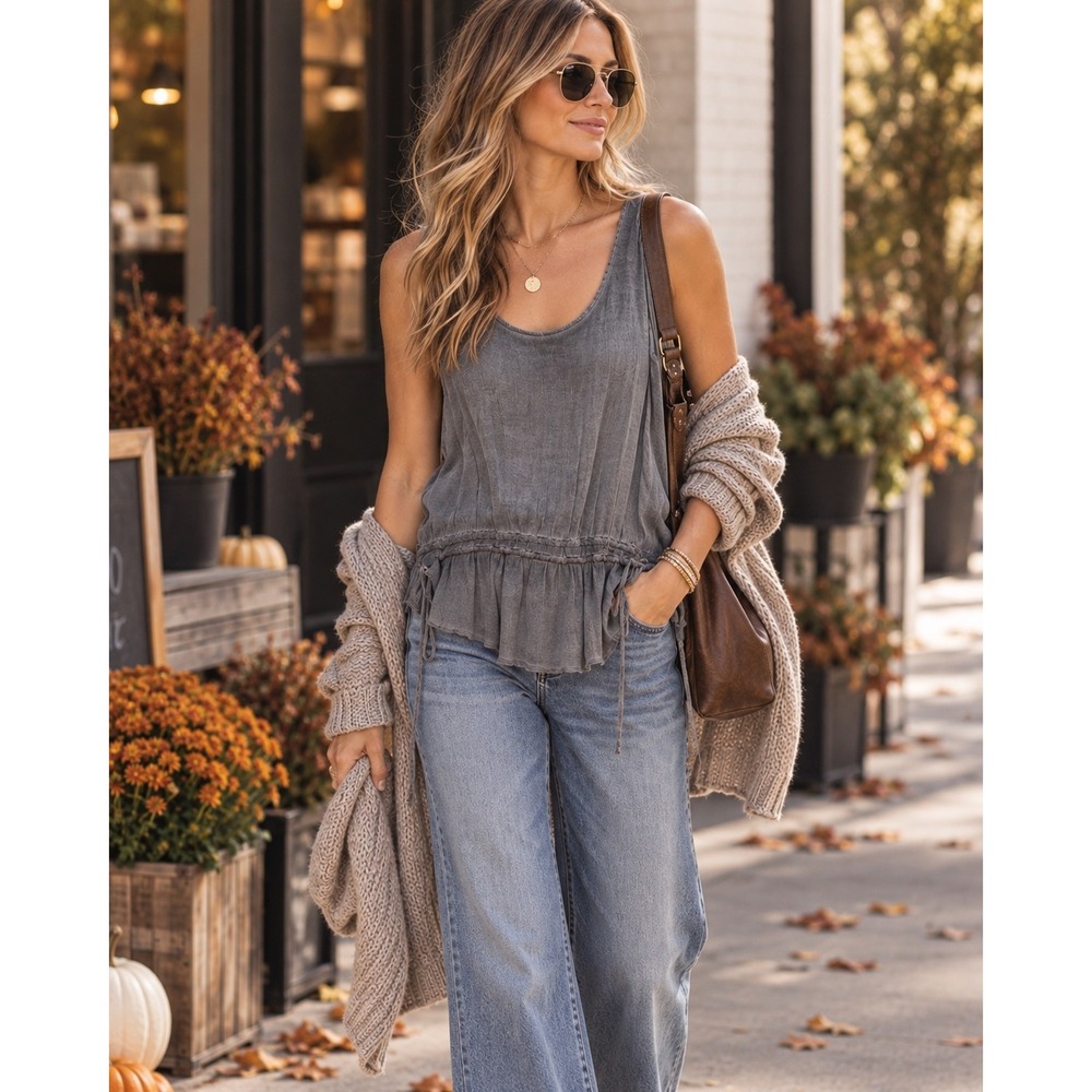 Young Fabulous & Broke Tank Top Gray Cinched Ruffle‎ Boho Small
